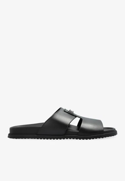 Dolce & Gabbana Leather Appliqué Black Slides