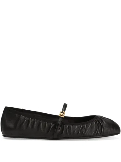 Dolce & Gabbana Black Ballerinas With Metallic Logo And Strap In Leather Woman