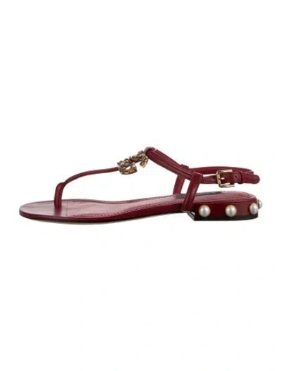 Pre-owned Dolce & Gabbana Leather Beaded Accents T-strap Sandals In Red
