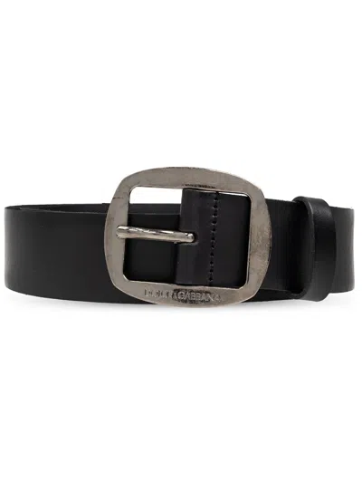 Dolce & Gabbana Logo Engraved Buckle Leather Belt In Black