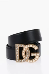 DOLCE & GABBANA LEATHER BELT WITH BUCKLE EMBELLISHED WITH BEADS AND RHINESTO