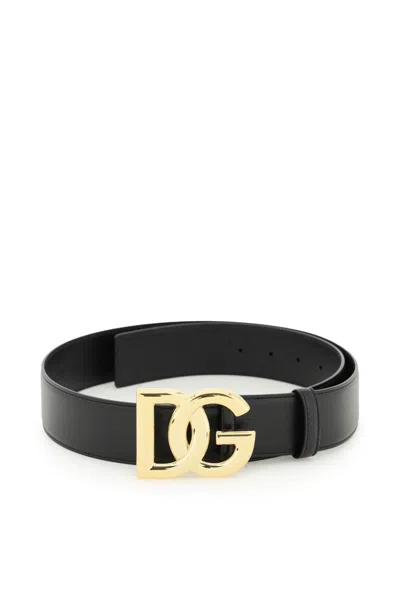 Dolce & Gabbana Leather Belt With Logo Buckle In Black