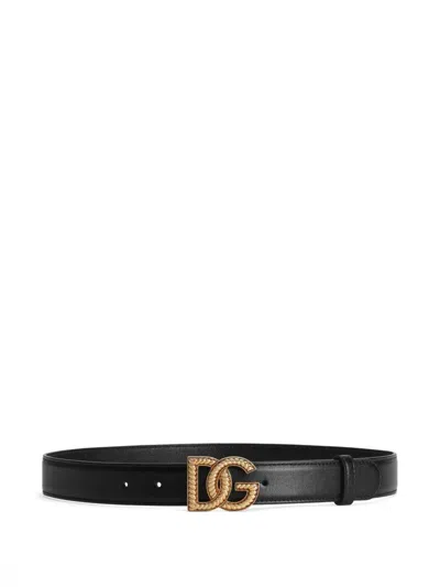 Dolce & Gabbana Leather Belt With Logo Plaque In Black