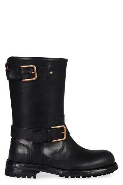 Dolce & Gabbana Leather Biker Boots In Black