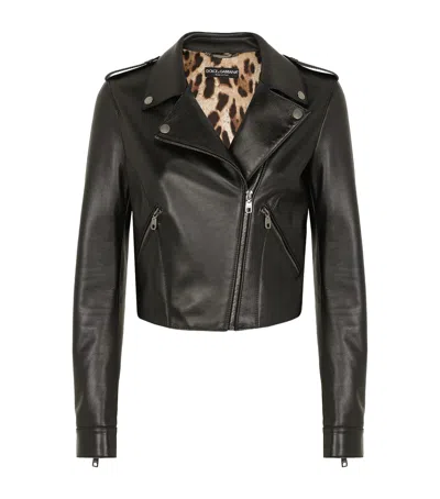 Dolce & Gabbana Leather Biker Jacket In Brown