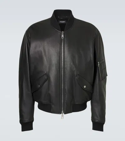 Dolce & Gabbana Leather Bomber Jacket In Black