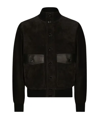 Dolce & Gabbana Leather Bomber Jacket In Black