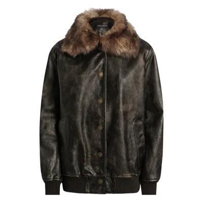 Dolce & Gabbana Leather Bomber Jacket In Brown