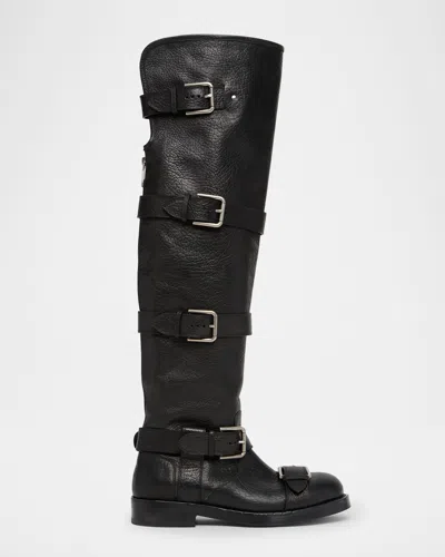 Dolce & Gabbana Bernini Buckled Crinkled-leather Over-the-knee Boots In Black
