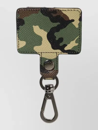 Dolce & Gabbana Leather Camouflage Keyring Earbud Case In Green