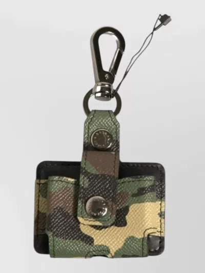 Dolce & Gabbana Leather Camouflage Metal Airpods Keyring Case In Green