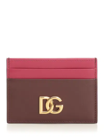 Dolce & Gabbana Leather Card Holder With Logo In Bordeaux