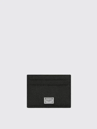 Dolce & Gabbana Leather Card Holder With Logoed Metal Plate In Black