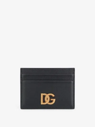 Dolce & Gabbana Leather Card Holder With Metal Dg Logo In Black