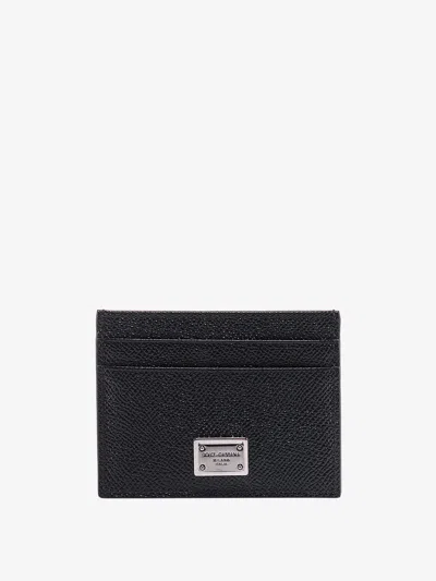 Dolce & Gabbana Leather Card Holder With Metal Logo Tag In Black