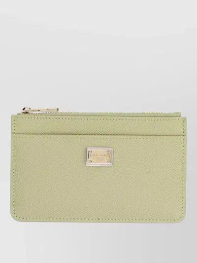 Dolce & Gabbana Leather Card Holder Zip Top Metal Logo In Green