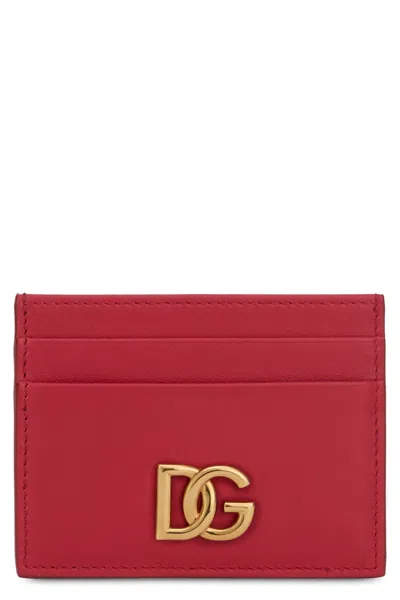Dolce & Gabbana Leather Cardholder With Embossed Logo, Compact Design 10 X 7.5 X 0.5 Cm In Red