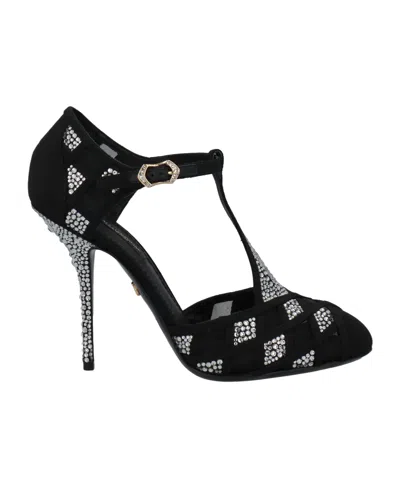Dolce & Gabbana Leather Crystal Buckle Shoes In Black