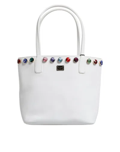 Dolce & Gabbana Leather Crystal Dg Logo Shoulder Tote Women's Bag In White