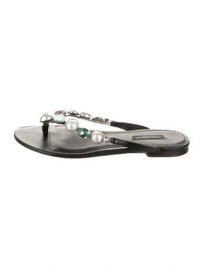 Pre-owned Dolce & Gabbana Leather Crystal Embellishments Flip Flops In Black