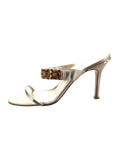 Pre-owned Dolce & Gabbana Leather Crystal Embellishments Slides In Gold