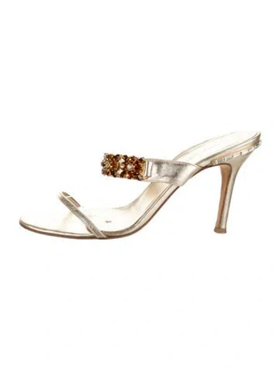 Pre-owned Dolce & Gabbana Leather Crystal Embellishments Slides In Gold