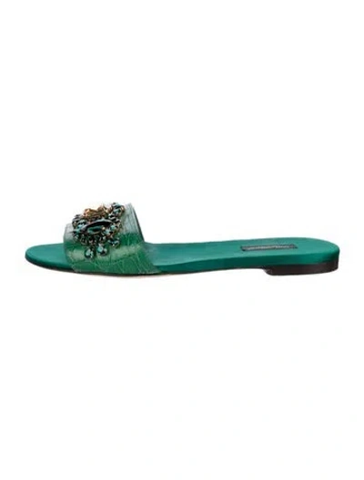Pre-owned Dolce & Gabbana Leather Crystal Embellishments Slides In Green
