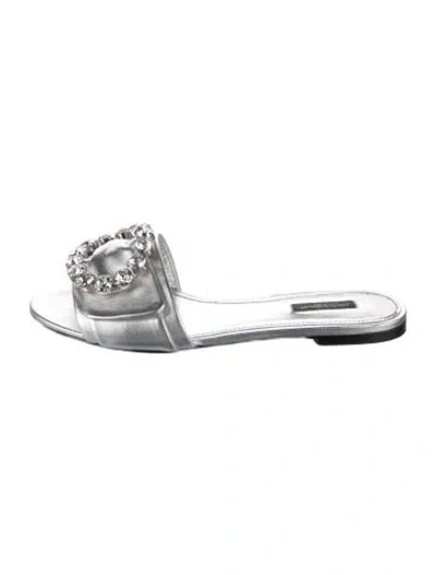 Pre-owned Dolce & Gabbana Leather Crystal Embellishments Slides In Silver