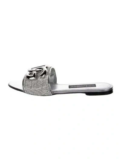 Pre-owned Dolce & Gabbana Leather Crystal Embellishments Slides In Silver