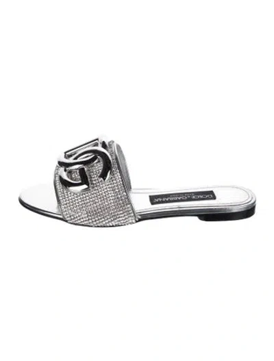 Pre-owned Dolce & Gabbana Leather Crystal Embellishments Slides In Silver