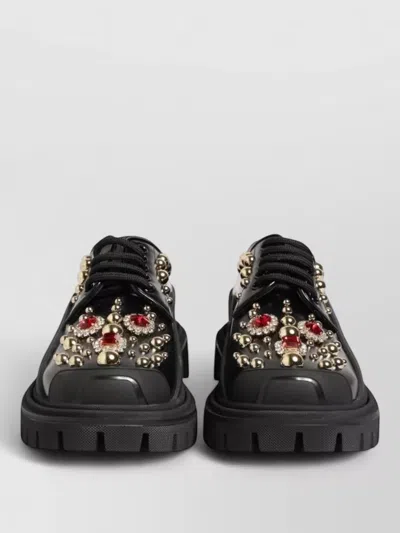 Dolce & Gabbana Leather Derby Shoes Round Toe Crystals In Black
