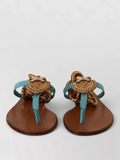 Dolce & Gabbana Leather Devotion Flat Sandals Gold Chain In Brown