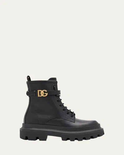 Dolce & Gabbana Leather Dg Lace-up Ranger Booties In Nero