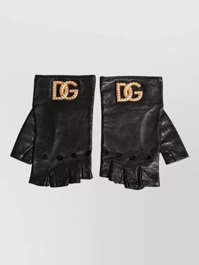 Dolce & Gabbana Leather Embellished Wrist Length Fingerless Gloves In Transparent