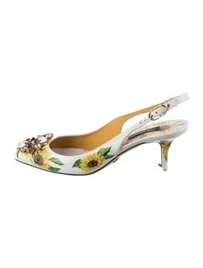 Pre-owned Dolce & Gabbana Leather Floral Print Slingback Pumps In White