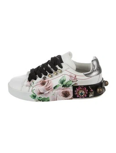 Pre-owned Dolce & Gabbana Leather Floral Print Sneakers In White