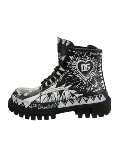 Pre-owned Dolce & Gabbana Leather Graphic Print Combat Boots In Black