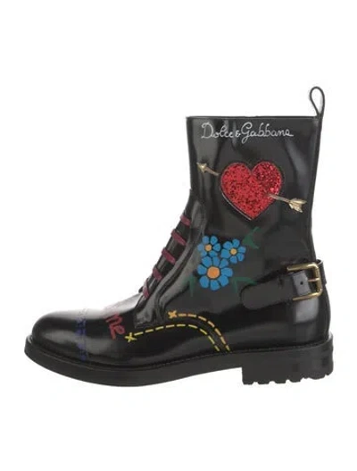 Pre-owned Dolce & Gabbana Leather Graphic Print Lace-up Boots In Black