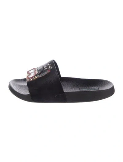 Pre-owned Dolce & Gabbana Leather Graphic Print Slides In Black/blue