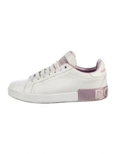 Pre-owned Dolce & Gabbana Leather Graphic Print Sneakers In Pink/white