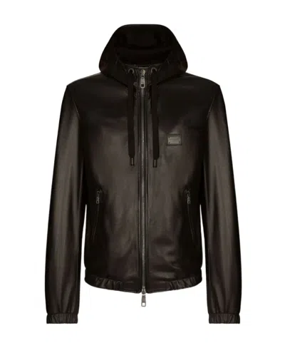 Dolce & Gabbana Leather Jacket With Hood And Branded Tag In Black