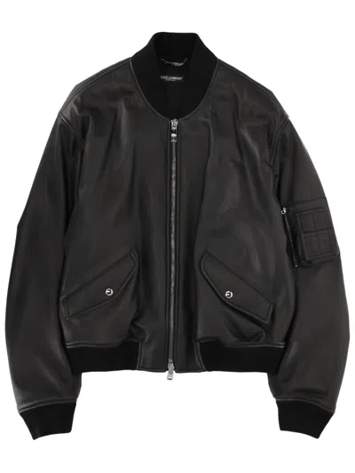 Dolce & Gabbana Leather Bomber Jacket Front And Arm Pockets In Black