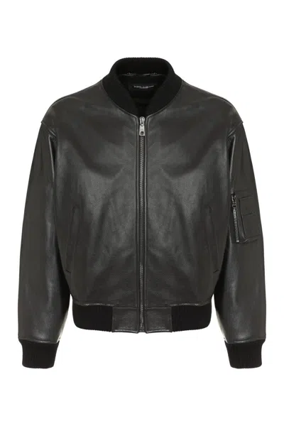 Dolce & Gabbana Leather Bomber Jacket In Black