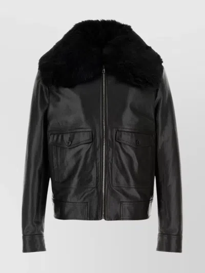 Dolce & Gabbana Leather Jacket Featuring Faux Fur Collar And Buttoned Cuffs In Black