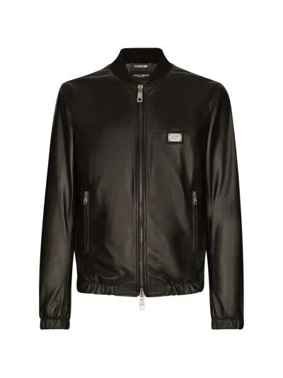 Dolce & Gabbana Leather Jacket With Branded Tag In Black