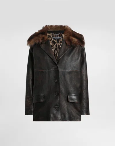 Dolce & Gabbana Leather Jacket With Fur Collar In Black