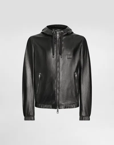 Dolce & Gabbana Leather Jacket With Hood And Branded Tag In Black