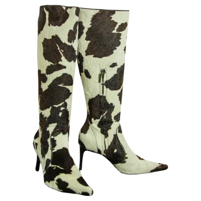 Pre-owned Dolce & Gabbana Leather Knee Fitted Boots Black And White Animal Print Size Eu35