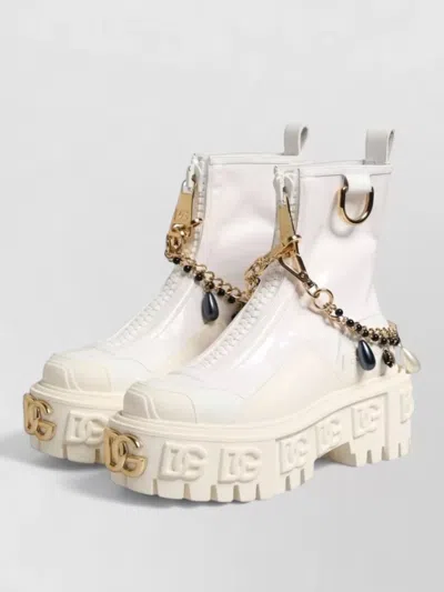 Dolce & Gabbana Leather Logo Ankle Boots Chain Platform In Neutral