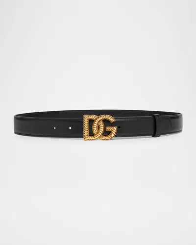 Dolce & Gabbana Leather Logo Buckle Belt In Black